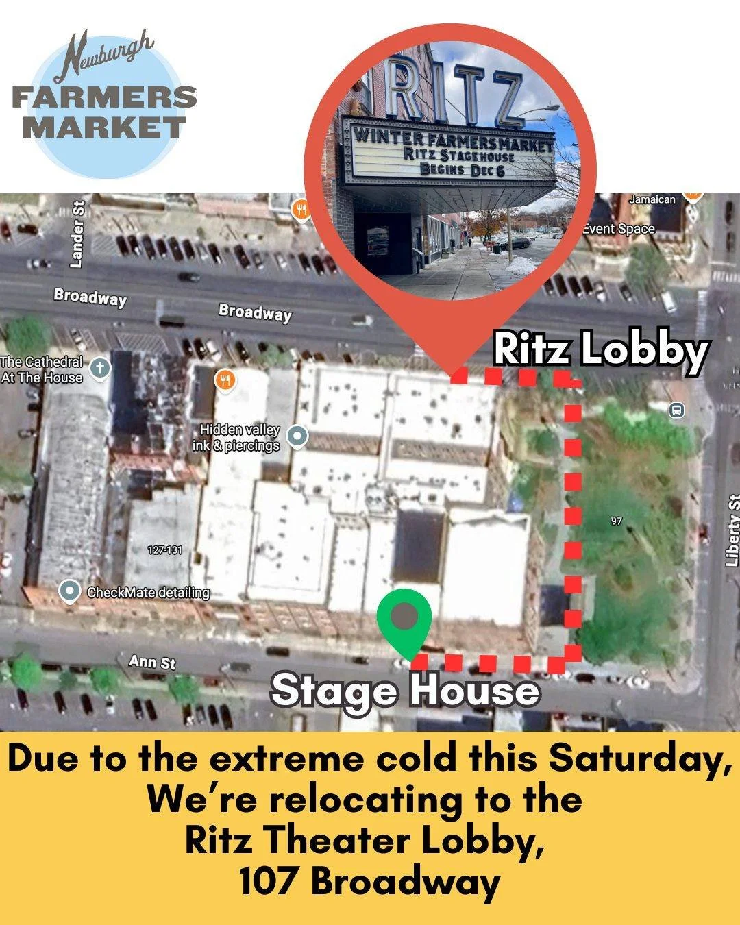 With extremely low temperatures forecasted this Saturday (1/24), the Newburgh Farmers&rsquo; Market will be relocating to the Ritz Theater lobby at 107 Broadway.
While we&rsquo;ve been loving our new home in the Ritz Theater Stage House this winter, 