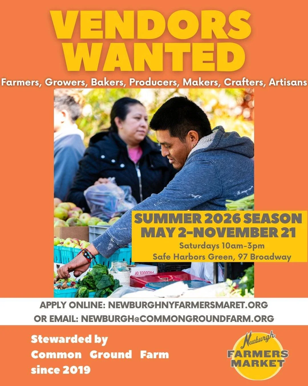 Calling all Hudson Valley vendors 📣

The Newburgh Farmers Market is accepting applications for the 2026 summer season!
Saturdays May-November 10am-3pm on the Safe Harbors Green.

Join a smaller, community-focused market that offers:
&bull; Consisten