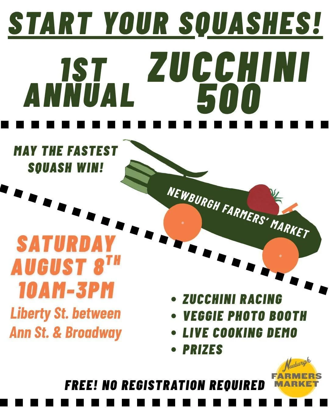 🥒 It&rsquo;s the Zucchini 500! 🏁

We&rsquo;ve got a big Saturday ahead at the Newburgh Farmers&rsquo; Market&mdash;peak summer produce, local food and goods, live music, the 1st Annual Zucchini 500, and even a chance to take a swing on the trapeze!