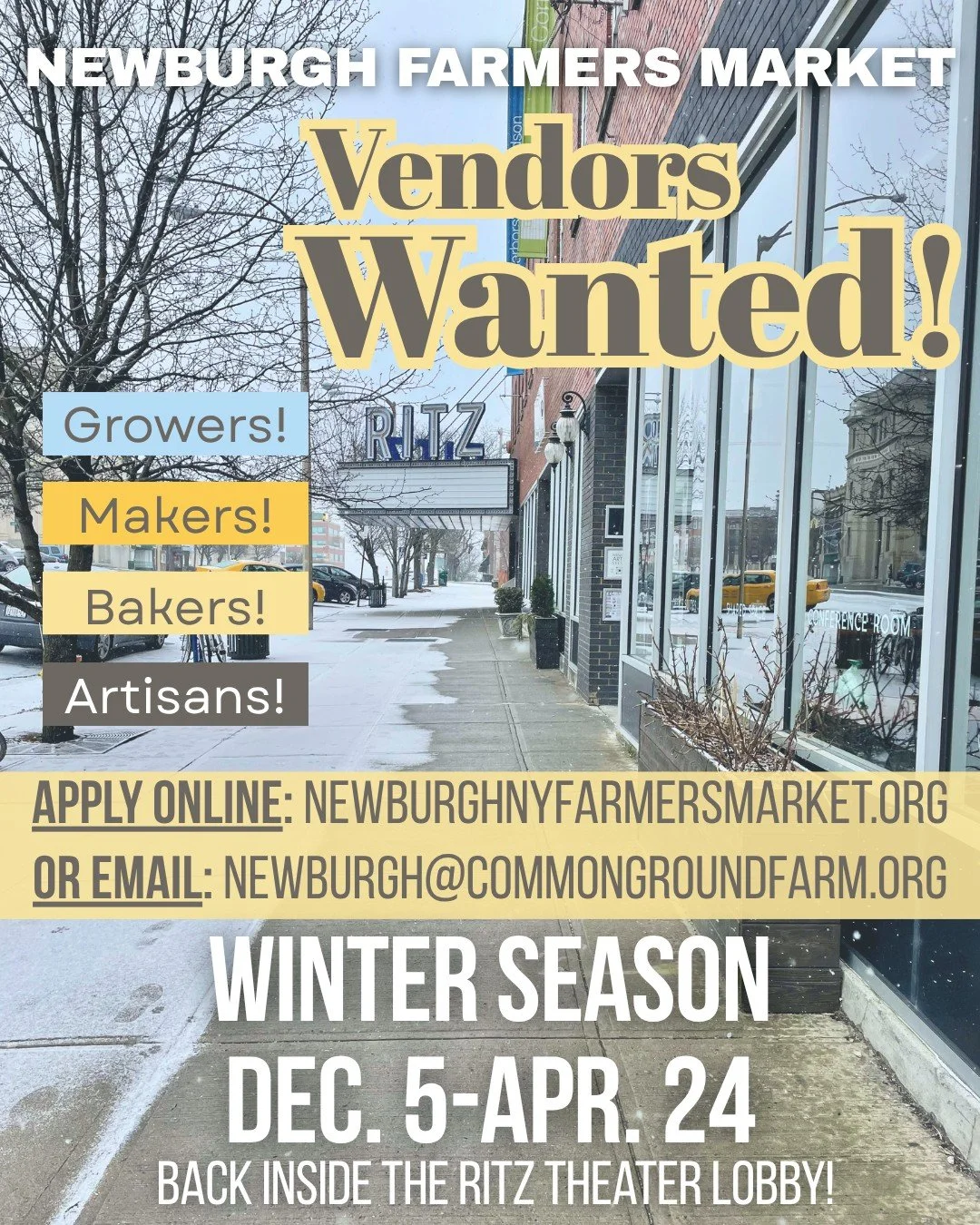 ❄️ Winter Market is coming!

Vendor applications for the 2026&ndash;27 Newburgh Farmers&rsquo; Market Winter Season are officially OPEN!

We&rsquo;re heading back inside the  Ritz Theater Lobby every Saturday, December 5&ndash;April 24,  10 AM&ndash;