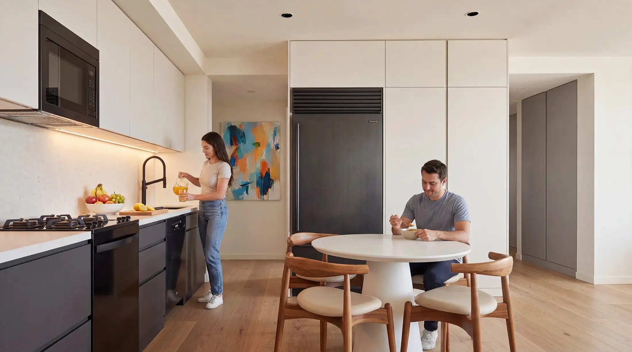 Open studio apartment with integrated living, sleeping, dining and kitchen areas