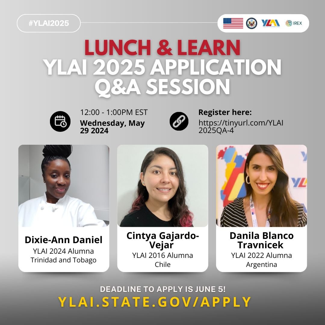 Are you considering applying for YLAI 2025 (or do you know a young entrepreneur in the Caribbean or North, Central or South America who might be interested in this fantastic fellowship opportunity)?

Tomorrow's lunch and learn event features a Q&amp;