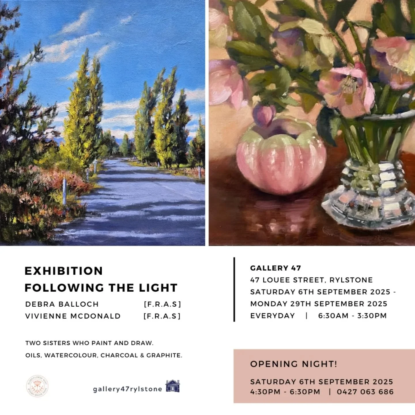 EXHIBITION 'FOLLOWING THE LIGHT' | GALLERY 47 
RYLSTONE | SATURDAY 6TH SEPTEMBER 2025.

With @viviennemcdonald.art &amp; @debra.balloch.art 

#viviennemcdonaldart #debraballochart #impressionism #AustralianArtist #rylstone #kandos #landscapepainting 