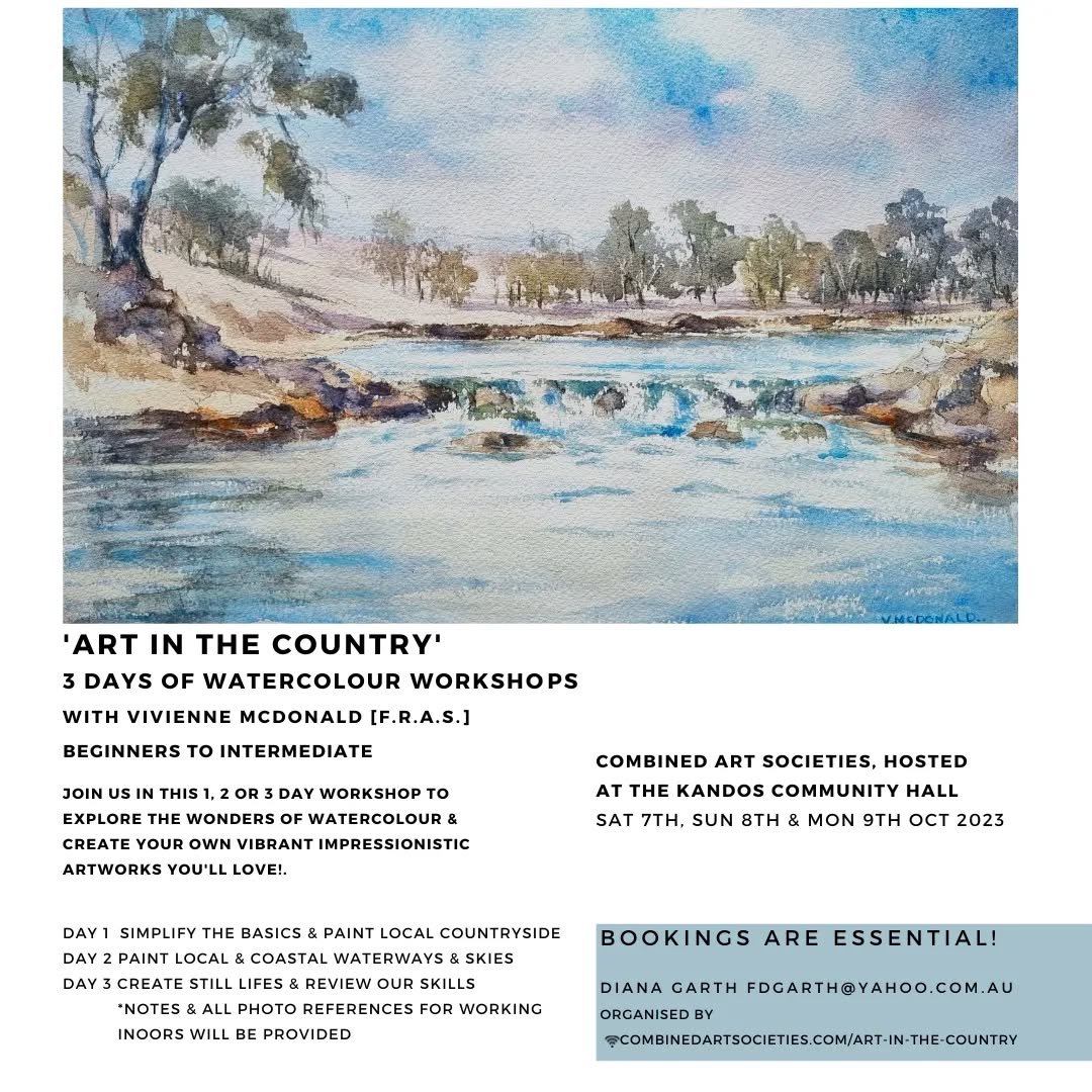 &lsquo;ART IN THE COUNTRY&rsquo; WATERCOLOUR WORKSHOPS | COMBINED ART SOCIETIES, RYLSTONE | OCTOBER 2023.

In the 1, 2 or 3 day workshops we will introduce beginners to the magic of watercolour painting and for those with a little more experience a c