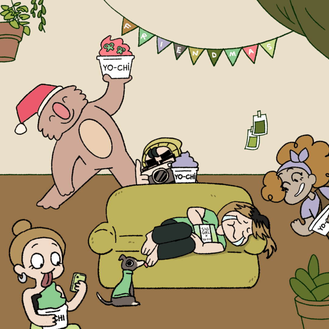 A group of friends enjoying Yo-Chi and Sad Girl Pretzels as a Friendmas party.