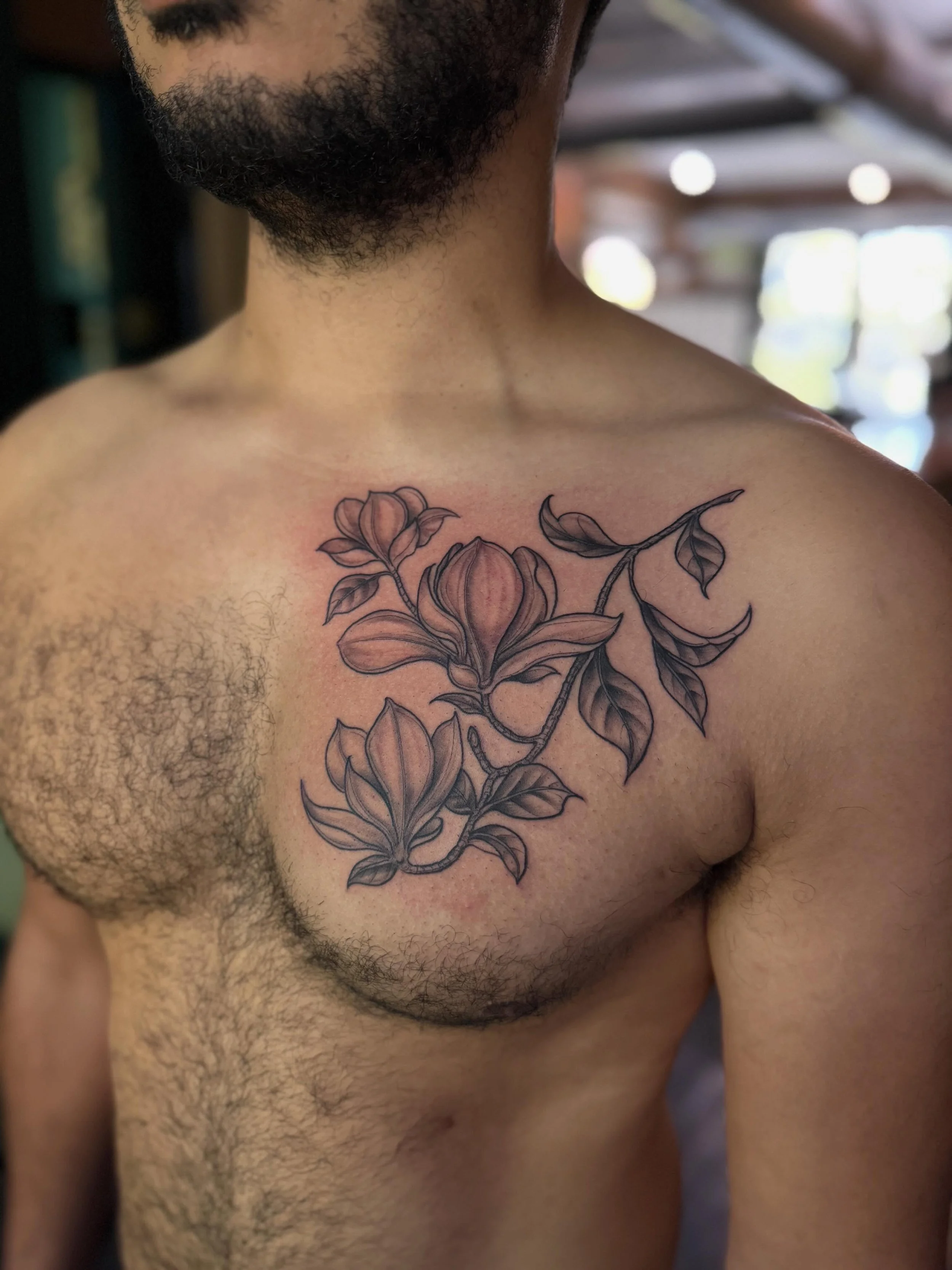 Freehand magnolia branch for Jared. 
Booking: www.jeremygoldentattoo.com