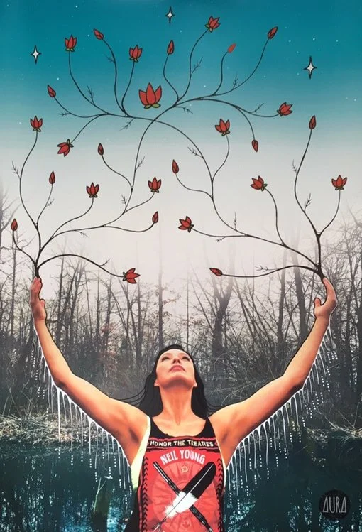 "Her veins flow so deep into this land. The cutting down and de-flowering couldn't uproot her. She is made of sky and earth." - Santee Smith // Original photo by Semiah Smith