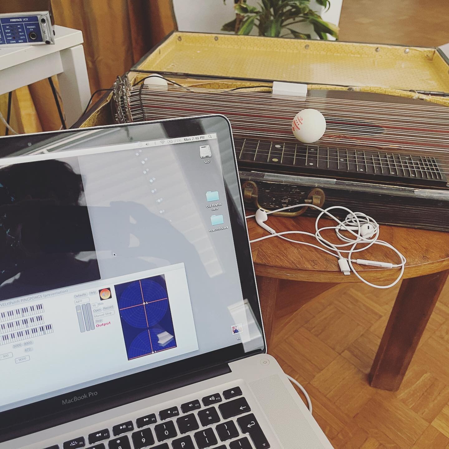 Ping Pong Ball on a beautiful old Zither, running via Max/Msp patch, testing out the &lsquo;orbit sound&rsquo; for our exhibition&mdash;