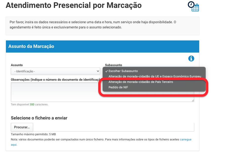 Atendimento por Marcação – Pedido de NIF option menu