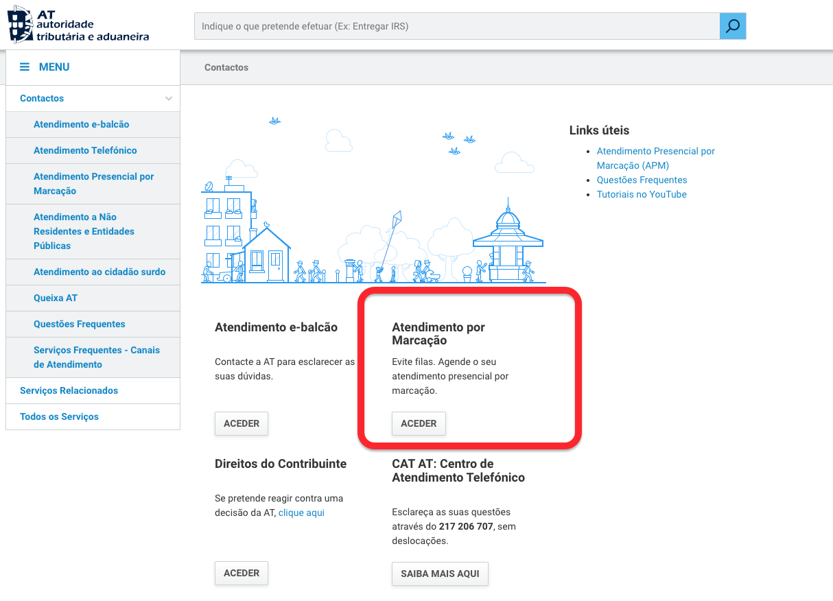 Portal das Finanças – Contactos menu