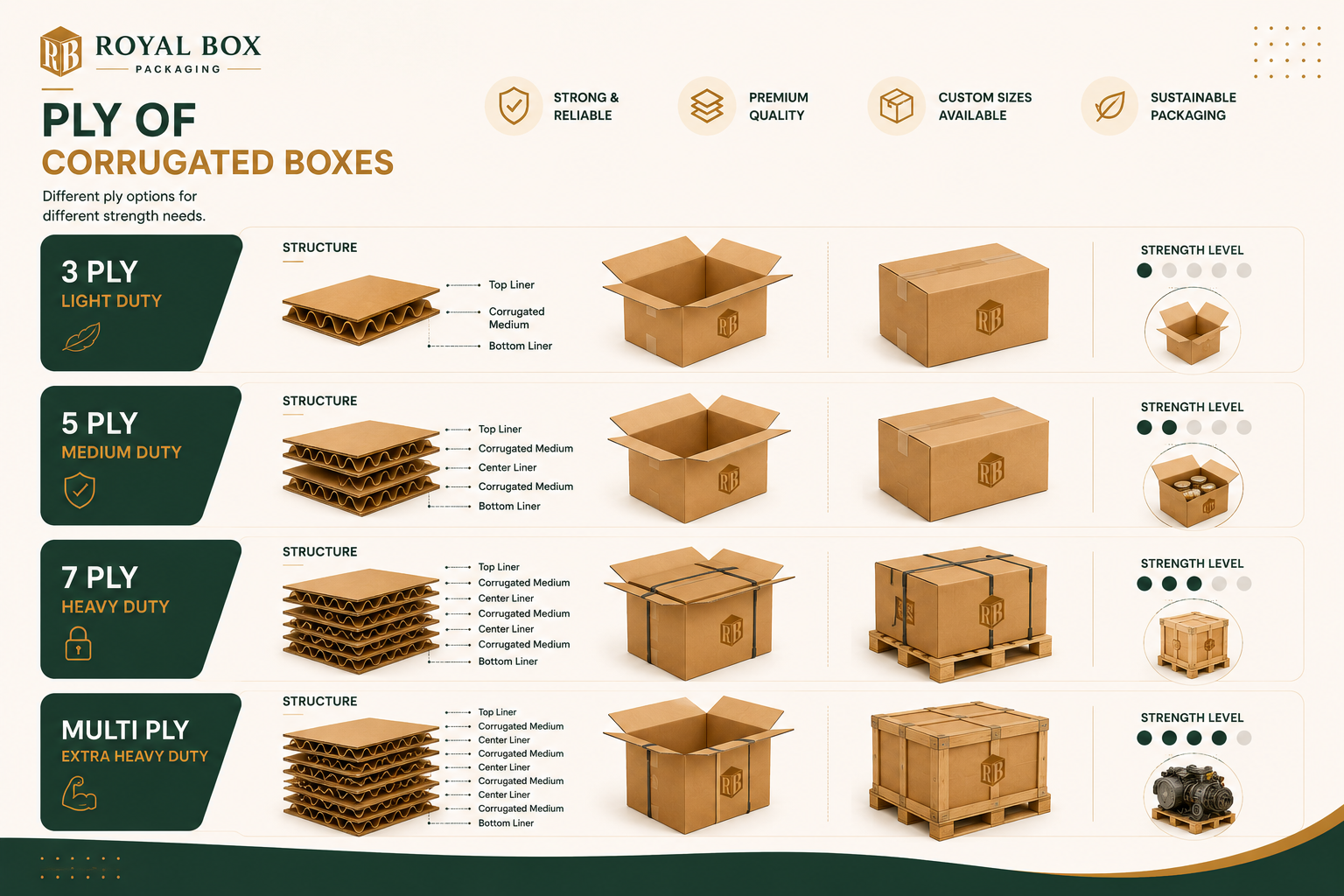 Chart illustrating different types of corrugated boxes, including 3 ply, 5 ply, 7 ply, and multi ply, with diagrams of their structures, strength levels, and example packaging images.