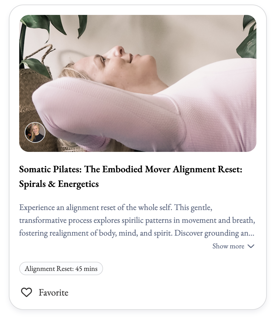 Class card for the 45-minute Somatic Pilates Alignment Reset Spirals and Energetics class, showing instructor Sarah Pritchard in a supine mat position for 3D spinal realignment and breath release.