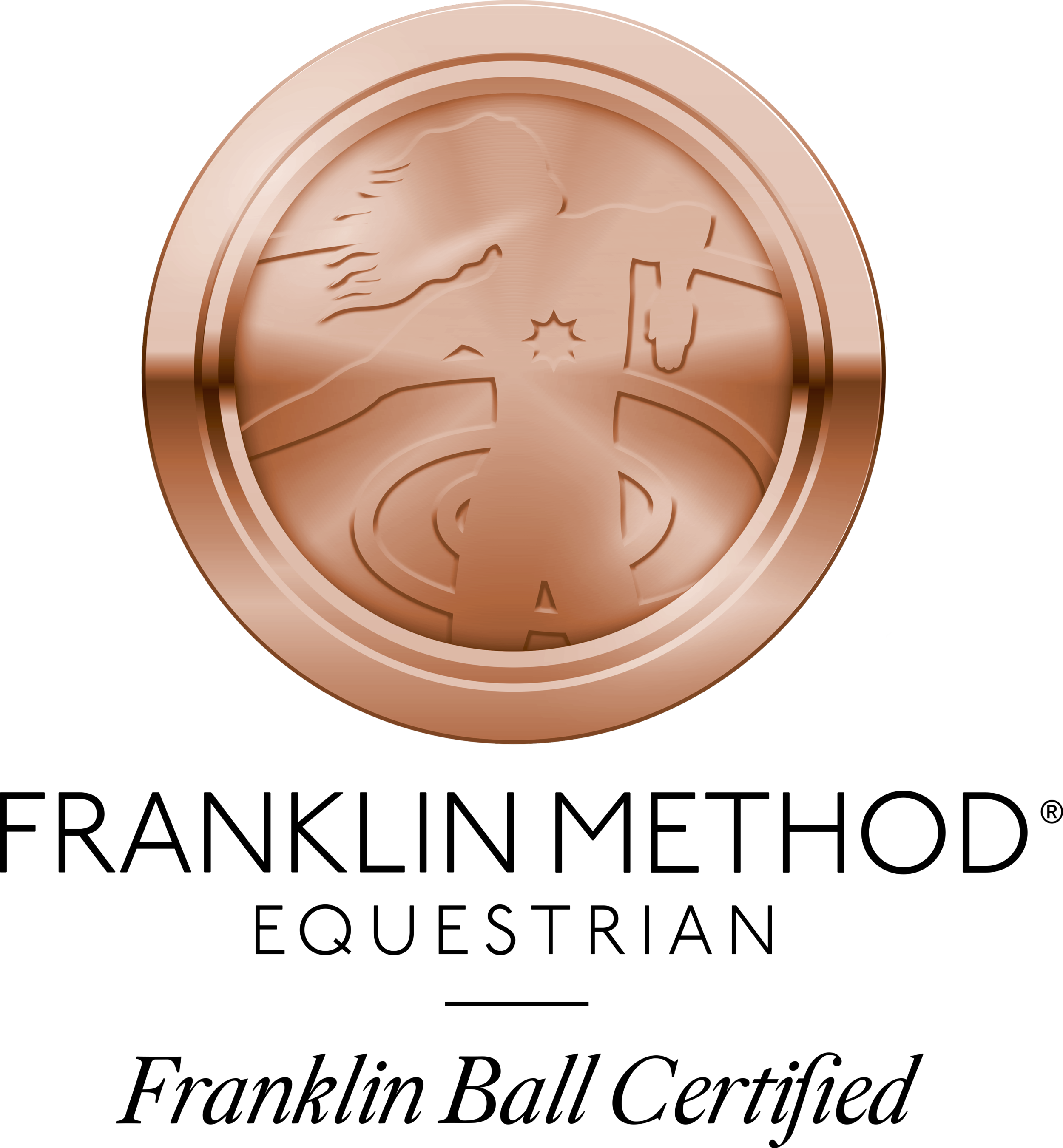 Official Franklin Method Equestrian Ball Certified Trainer badge verifying Sarah Pritchard's specialist qualification in rider biomechanics and posture imagery