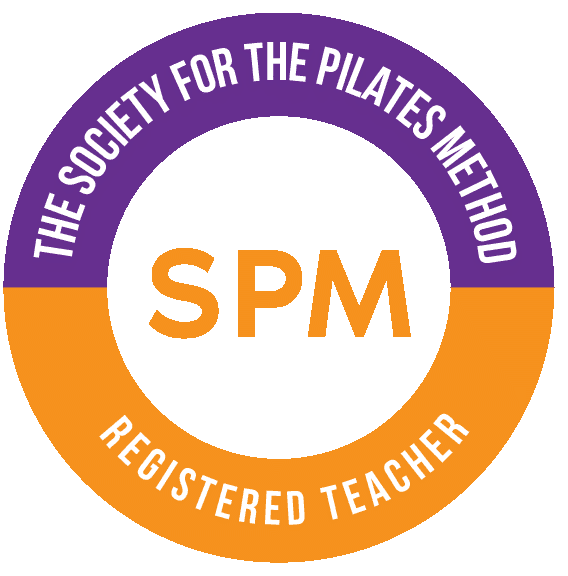 Official Society for the Pilates Method (SPM) badge verifying Sarah Pritchard as a Registered Comprehensive Pilates Teacher, linking to the official UK teacher registry