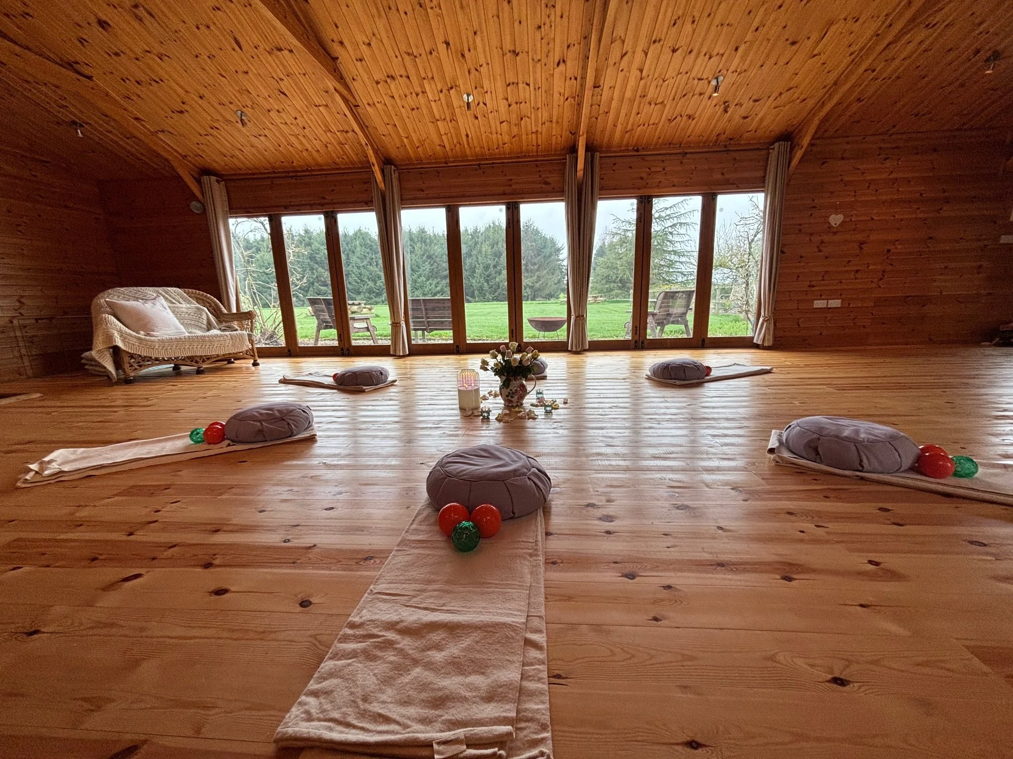 The tranquil venue space at Newton Meadows near Shrewsbury, set up for Sarah Pritchard’s somatic day retreats for movement professionals, Pilates instructors, and movement educators in Shropshire.