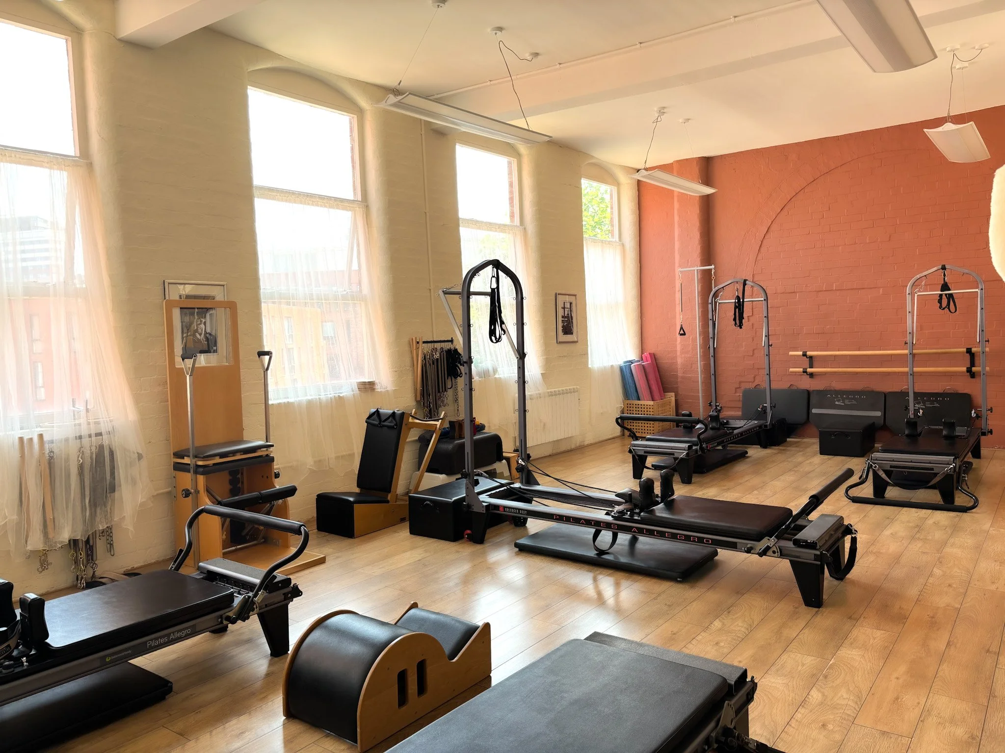 Cool Pilates studio Jewellery Quarter Birmingham with tall windows and specialized Pilates apparatus for your Pilates sessions with Sarah Pritchard MSMT MSME