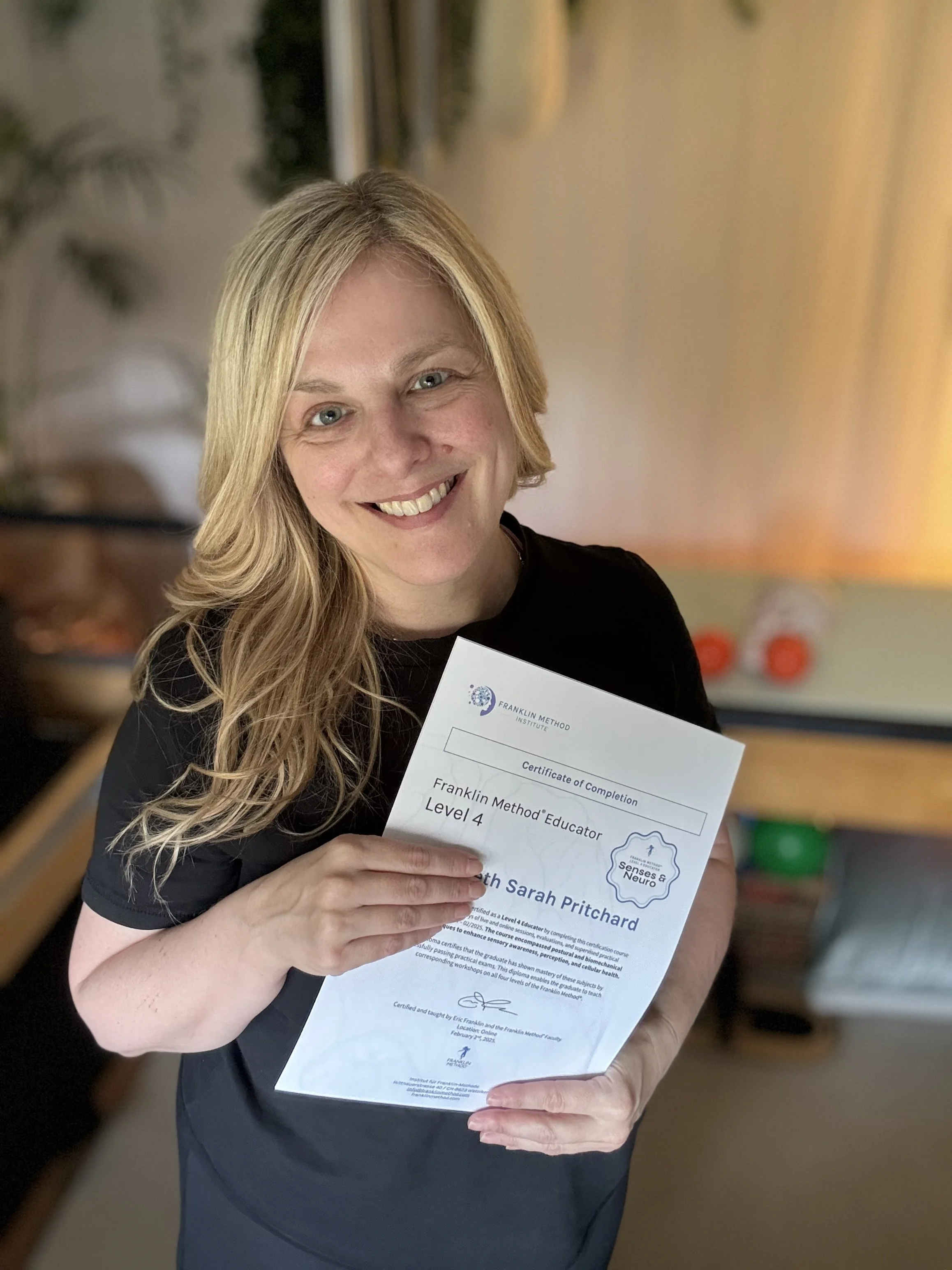 With my Level 4 Franklin Method® Educator certification in my Virtual Studio. As one of the few Level 4 educators in the UK, I am dedicated to bringing the highest standard of Franklin Method® to my students at Newton Meadows and beyond.