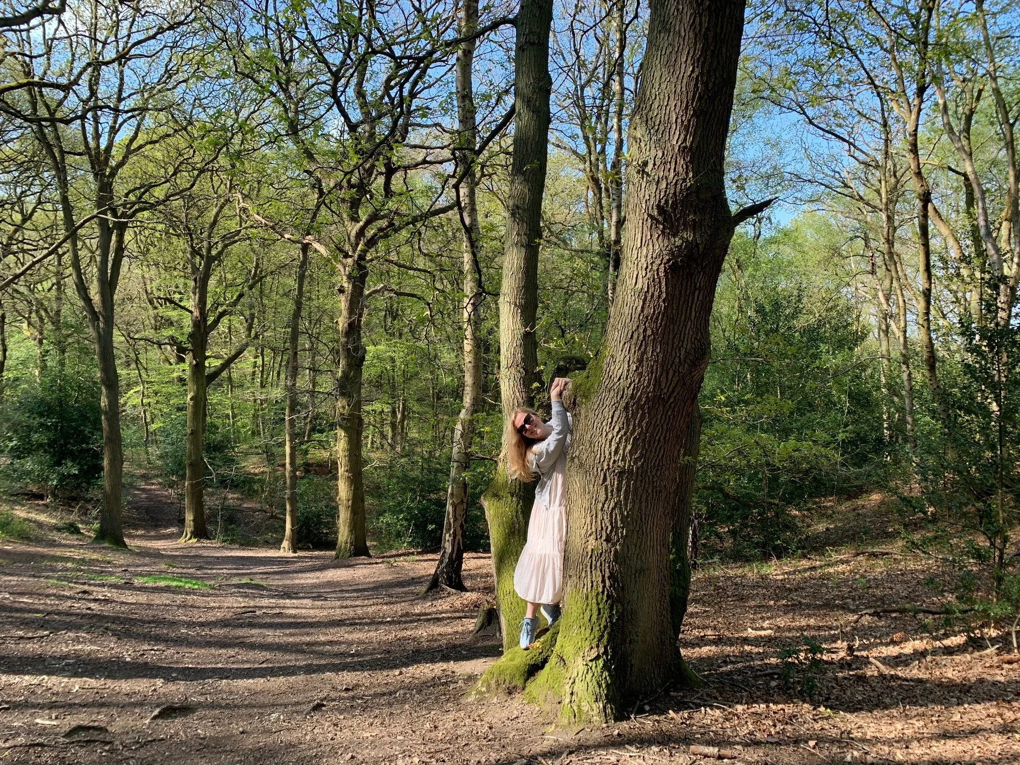 Sarah Pritchard, a Pilates and Somatic Movement specialist, standing by a large oak tree in a sunlit forest, representing the natural foundations of her somatic lineage