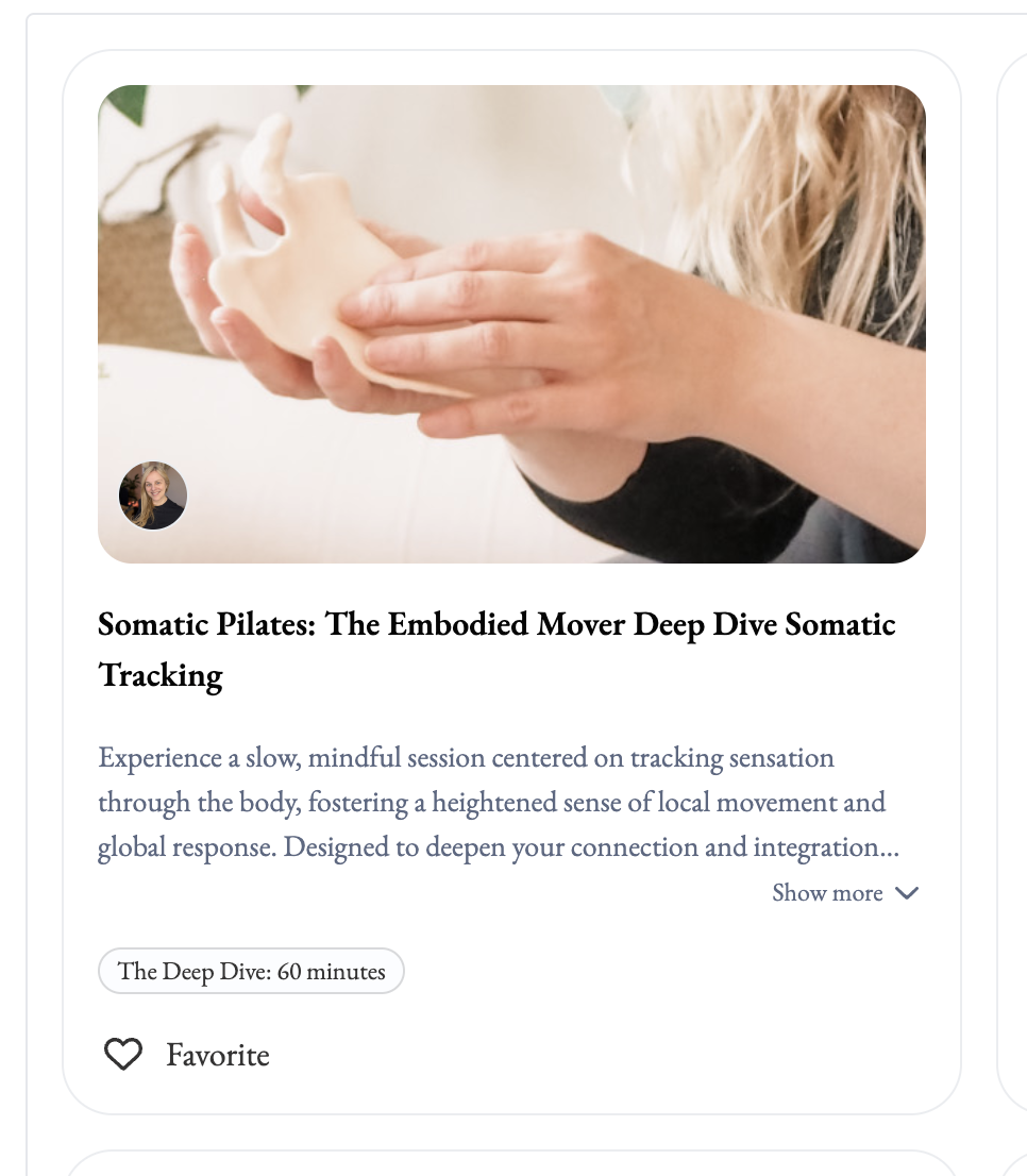 Class card for The Embodied Mover 60-minute Somatic Pilates Deep Dive session, featuring movement specialist Sarah Pritchard holding an anatomical bone model to demonstrate somatic sensory tracking.