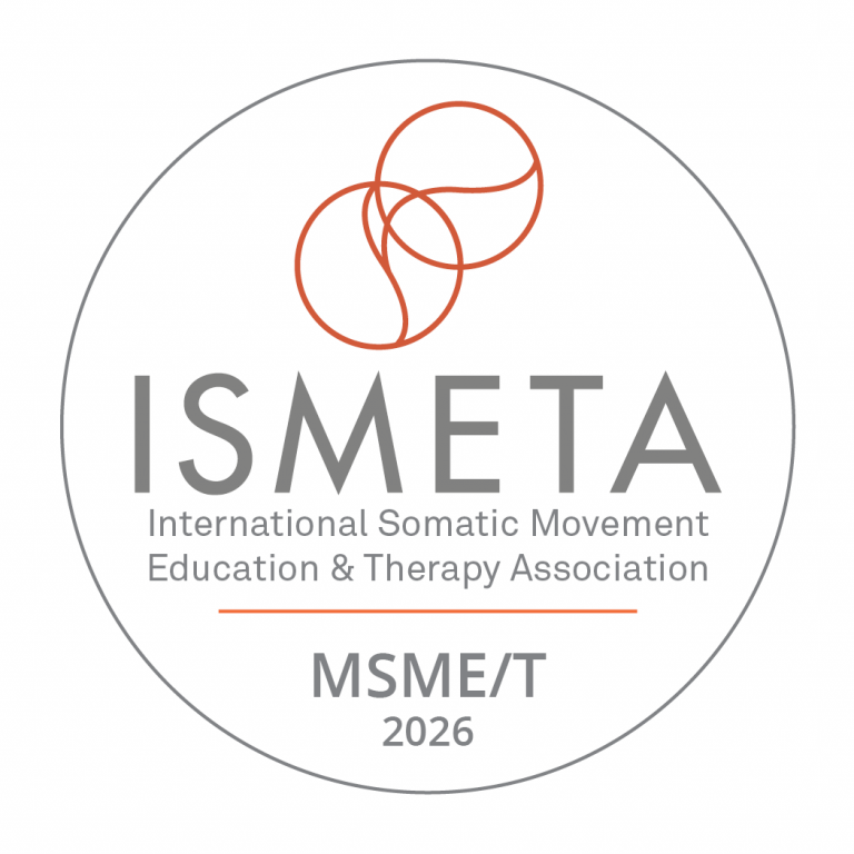 Logo for ISMETA Registered Master Somatic Movement Therapist (MSMT), certifying Sarah Pritchard's advanced clinical expertise in somatic movement education and therapy.