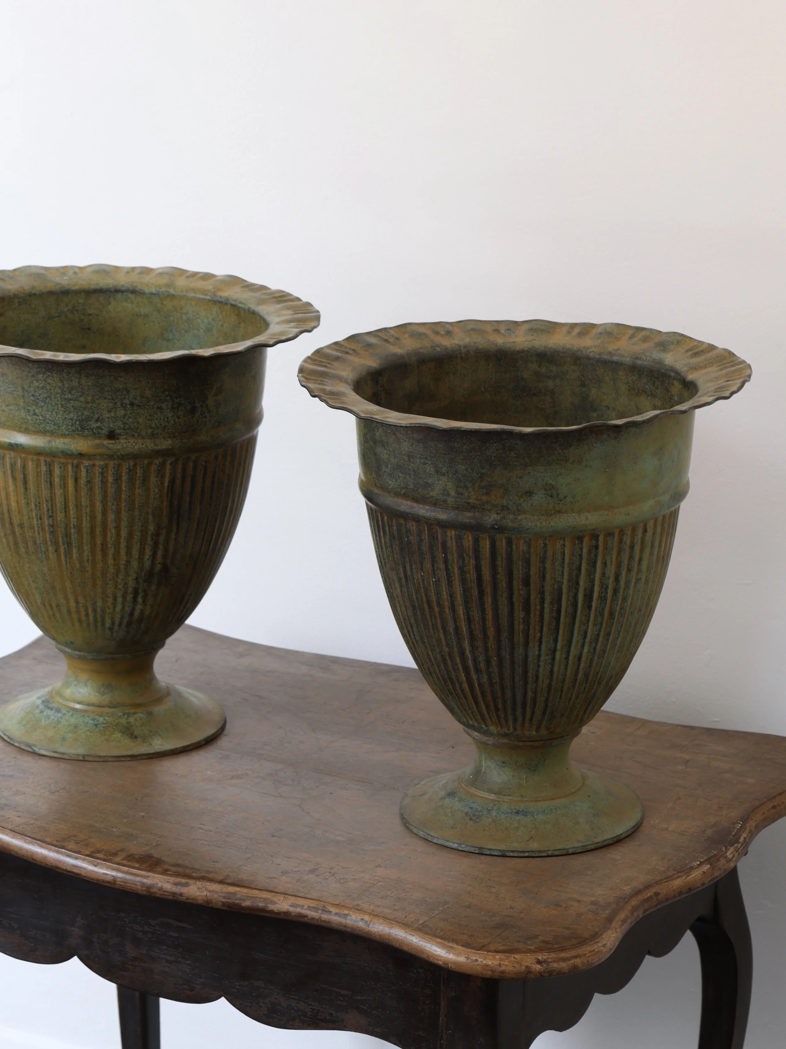 Pair of Verdigris Brass Urn Planters / Vases