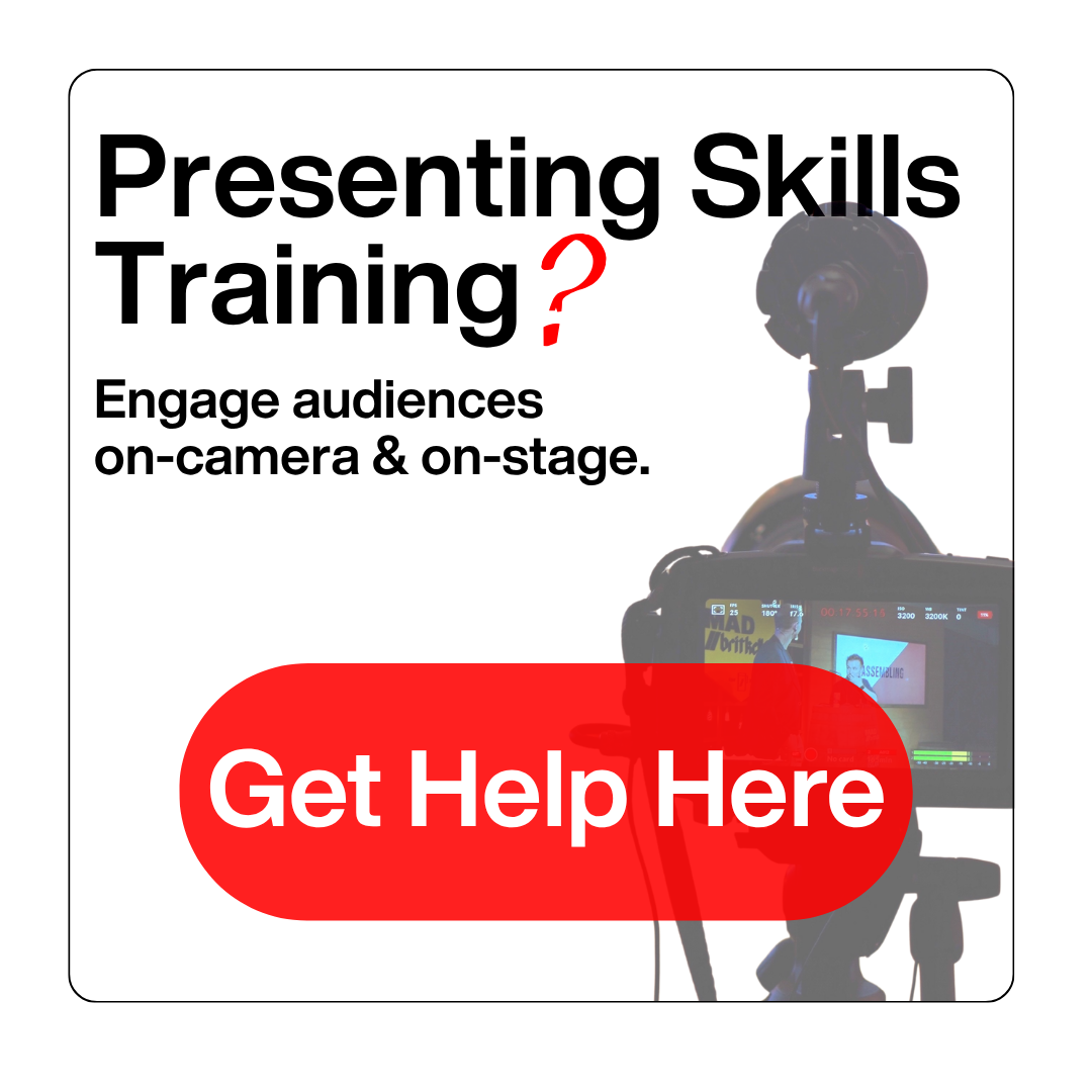 A promotional poster for presenting skills training featuring a camera on a tripod, with text encouraging engagement and offering help.