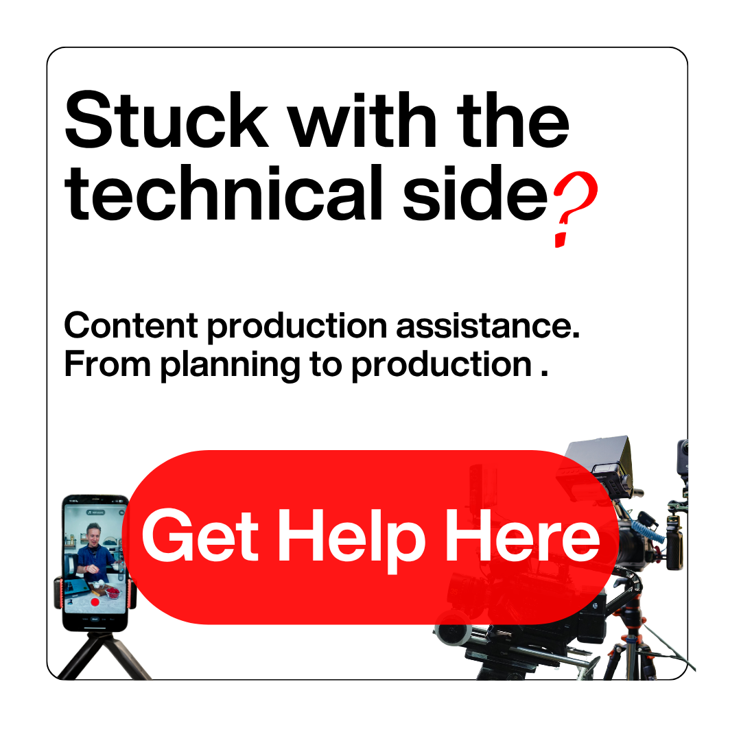 An advertisement offering content production assistance, highlighting technical support for planning and production, with a large red button labeled 'Get Help Here' and images of a professional camera, a smartphone, and a microphone.