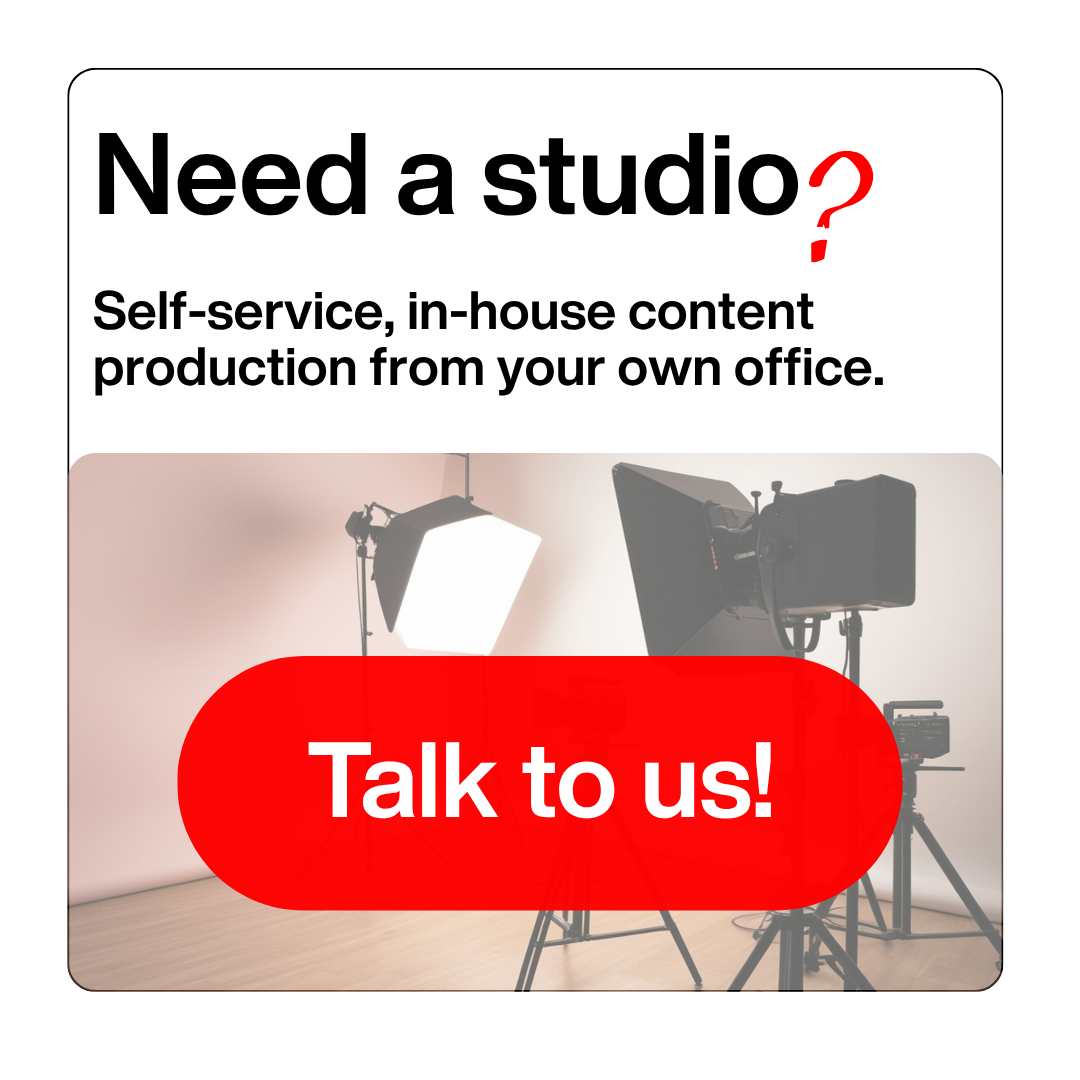 Advertisement for in-house content production studio services featuring photography equipment and call-to-action button.