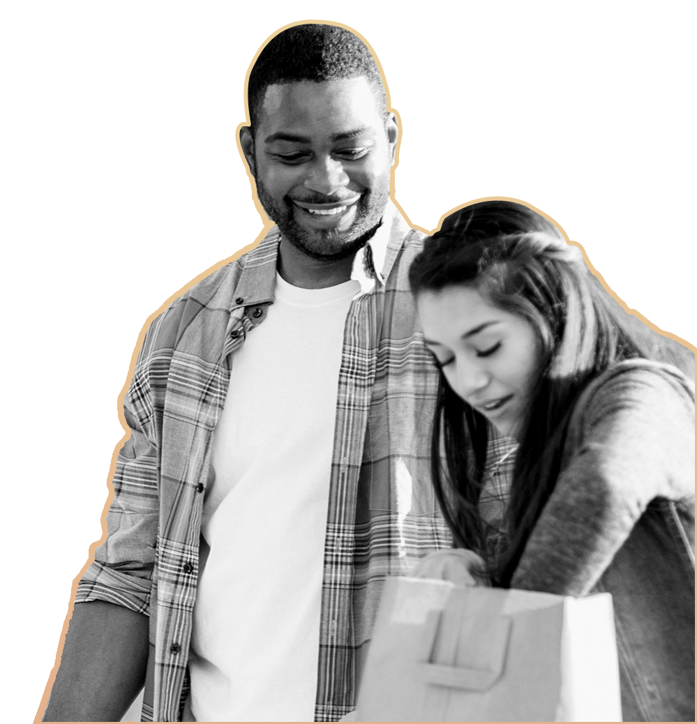 A man and a woman are looking at a parcel with a smile. The image is in black and white with a beige background