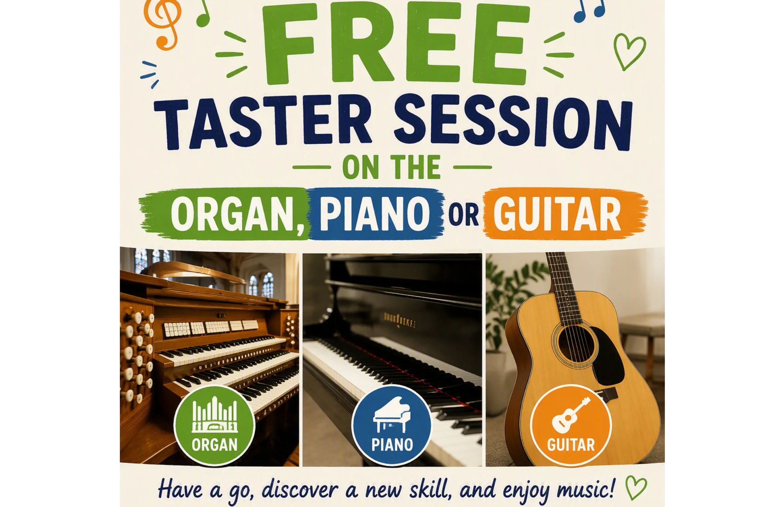 Free Taster Sessions on the Organ, Piano and Guitar