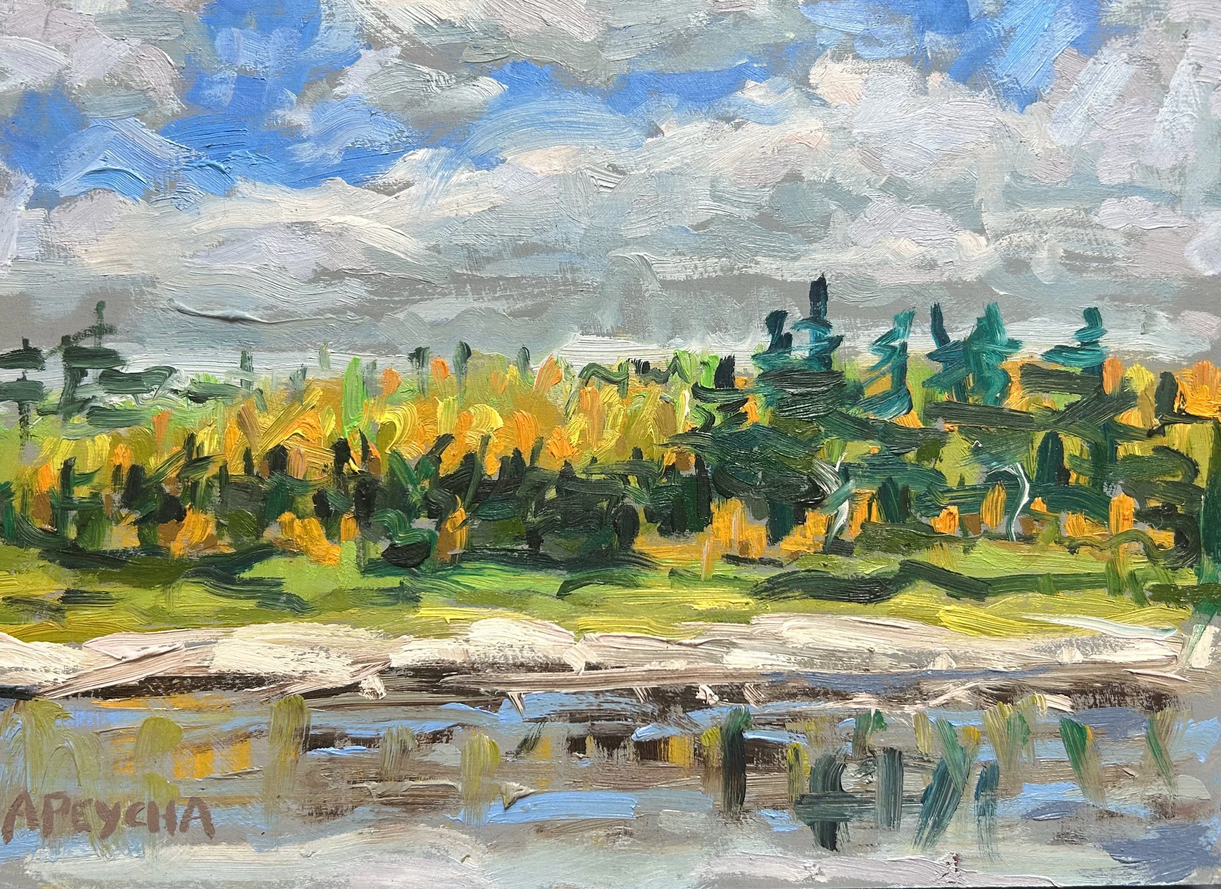 Afternoon Fall Shores Onakawana River, Oil on Board, 9x12, Framed $650.00