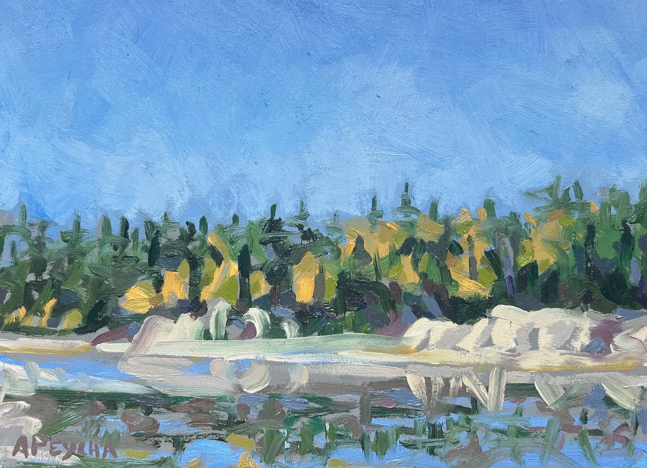 Fall Shores Onakawana River, Oil on Board, 9x12, Framed $650.00