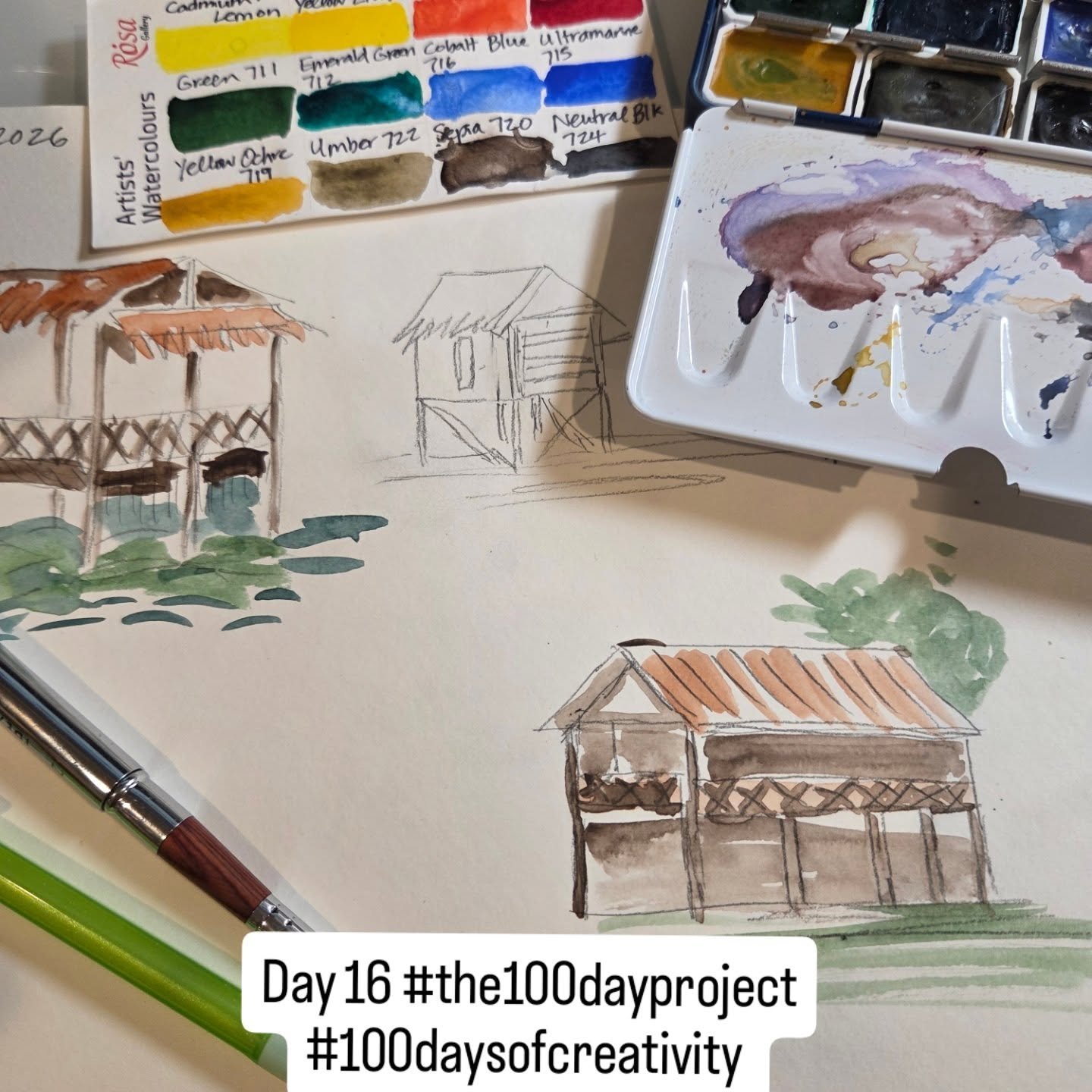 Day 16 of #the100dayproject I practiced some beach bungalows Sketching and watercolor.

#the100dayproject2026 #watercolortutorial #learningtopaint #100daysofcreativity
