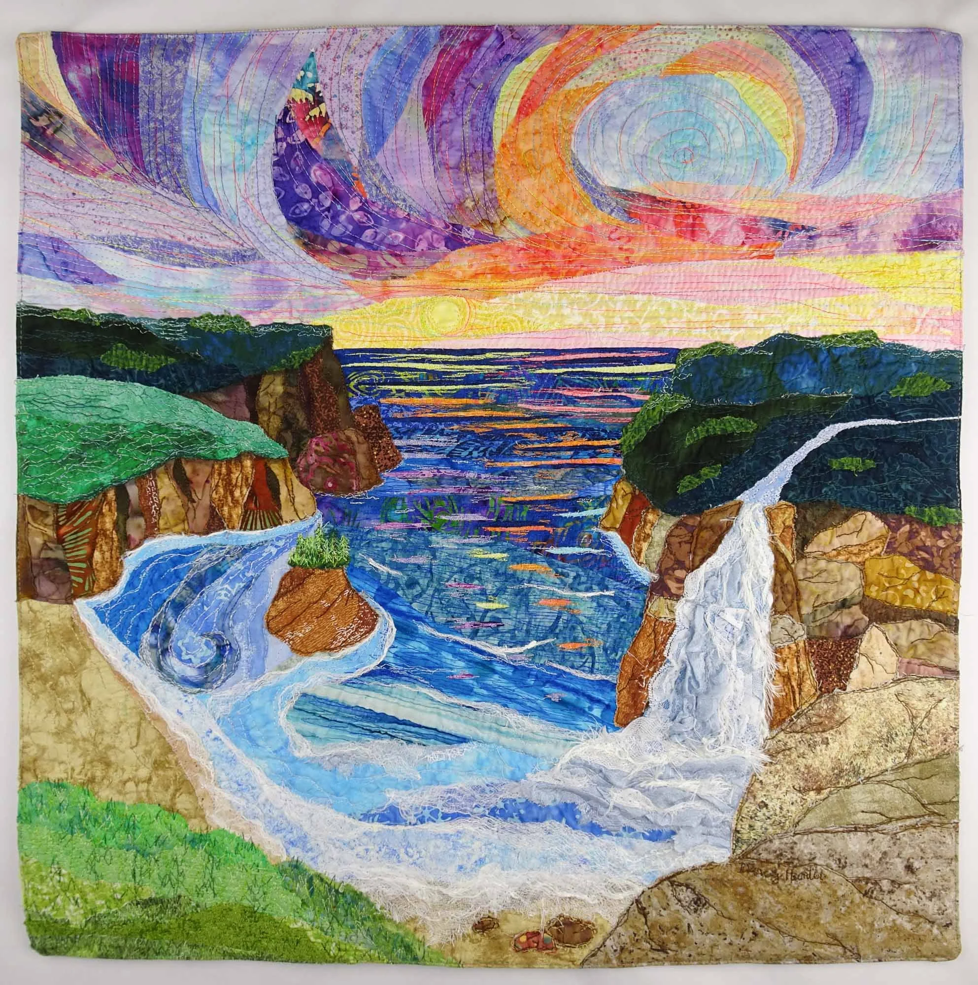 Eastern Cliffs at First Light - 24 by 24 inches - NFS - Art Quilt / Textile Art by Darcy Hunter