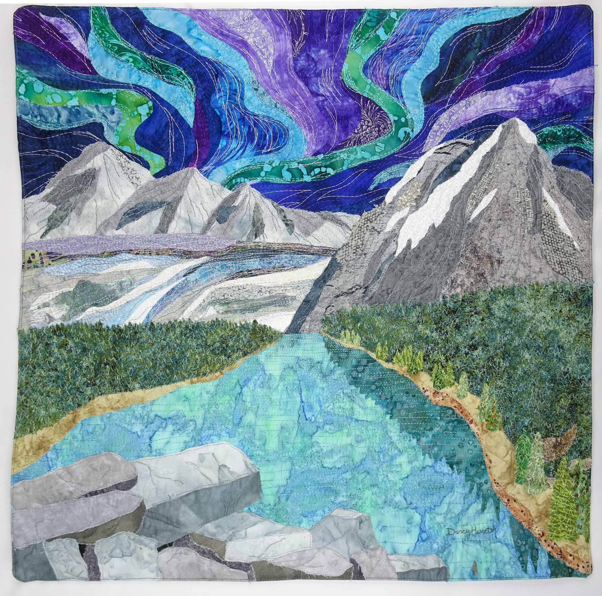 Western Peaks Beneath the Aurora Borealis - 24 by 24 inches - NFS - Art Quilt / Textile Art by Darcy Hunter