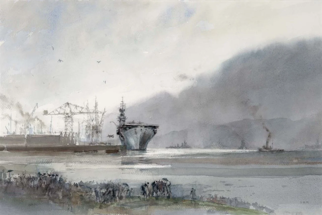 USS WASP Spitfires for Malta, Greenock Scotland 1942 - watercolor, 14” x 21” - $5,500