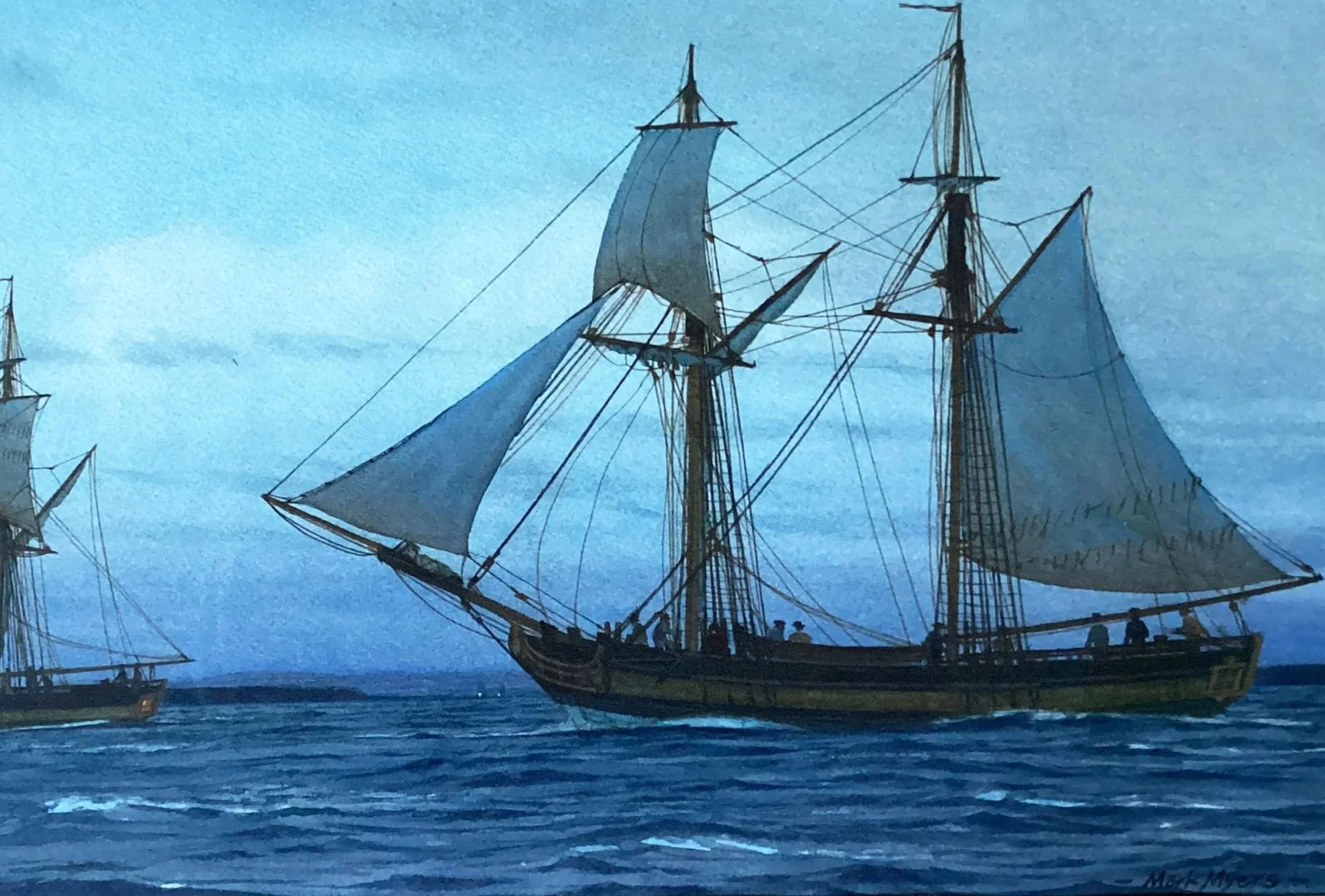 Mark Myers - We Saw the Lights, the SUTIL and MEXICANA Pass Vancouver's Ships in Birch Bay, 1792 - watercolor, 11" x 18" - $3,800