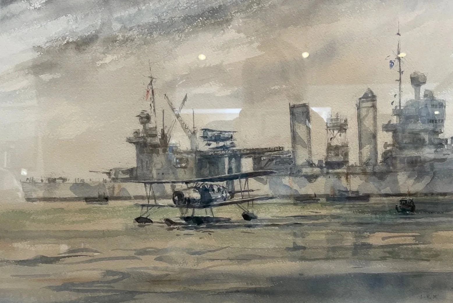 USS VINCENNES with Curtis SOC-3 floatplane, 1942 - watercolor, 14 x 21” - $5,500