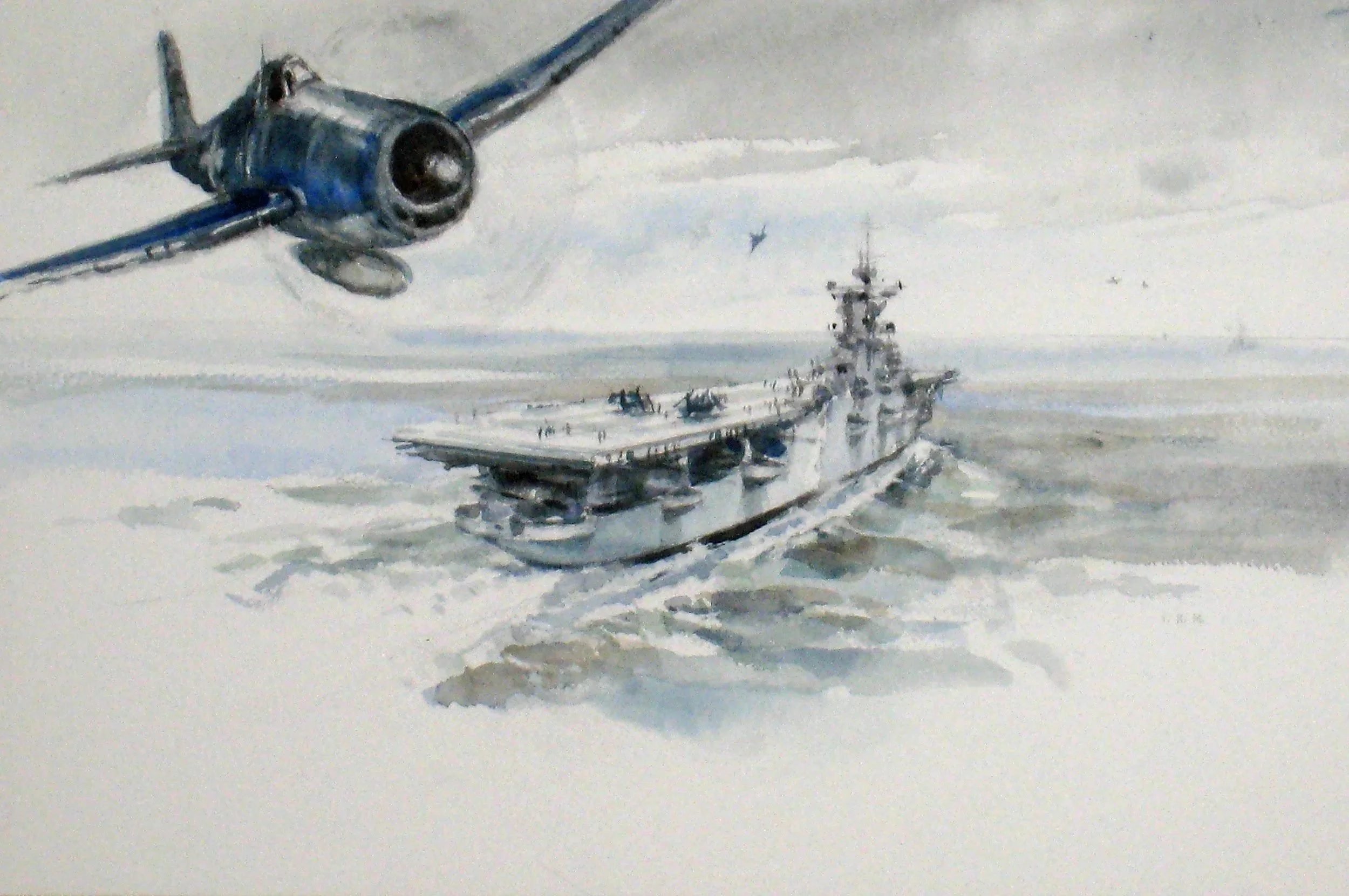 USS BON HOMME RICHARD & Grumman F6F Hellcat, 1945 - watercolor, 14" x 21" - $5,500