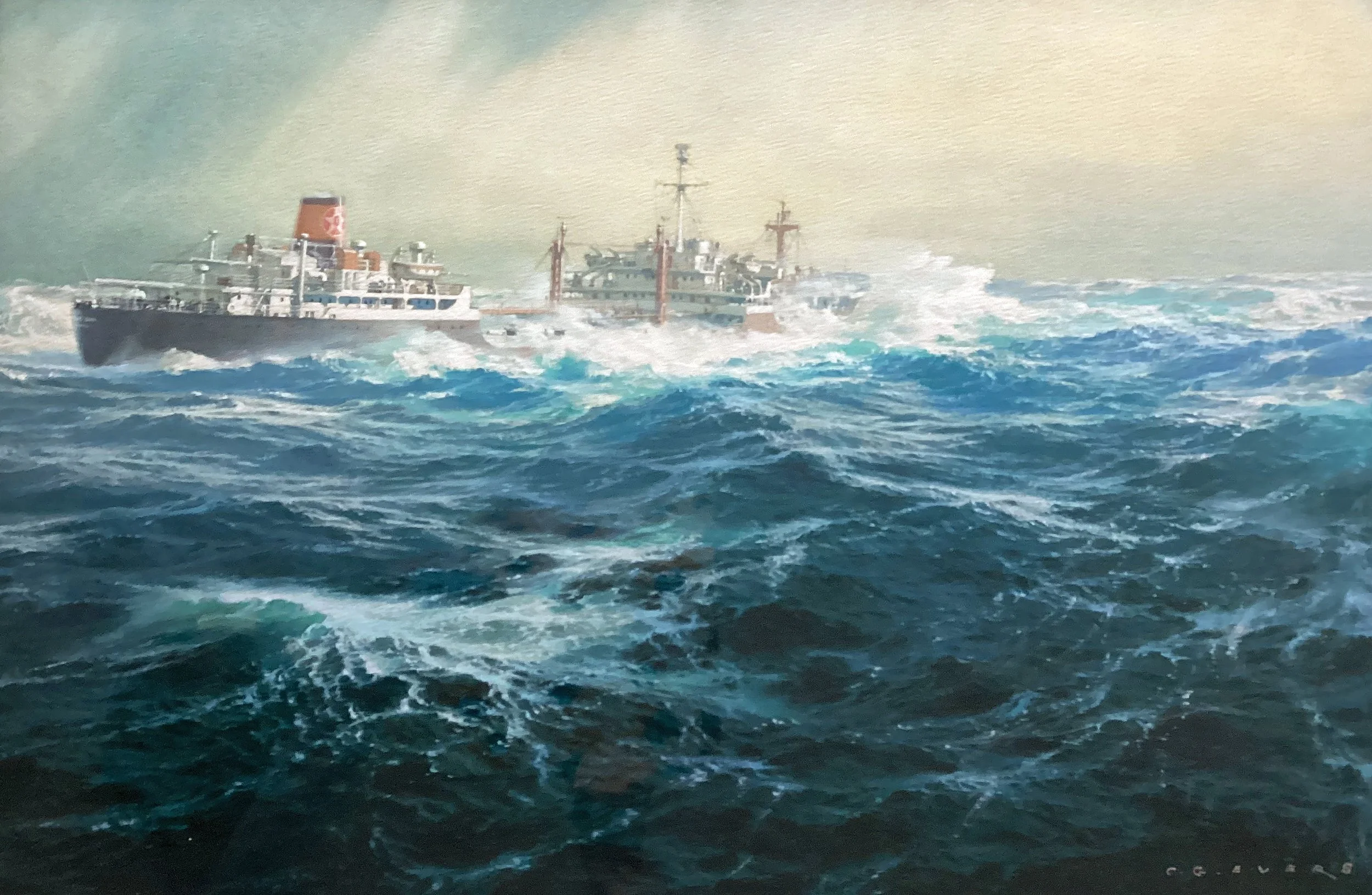Carl Evers  (1907-2000) -  A Full Load of Crude, Tanker in Ocean Waters - watercolor, 17” x 26”  - $10,500