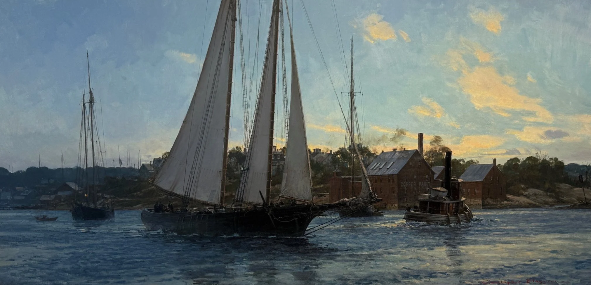 Dropping the Tow. ARTHUR JAMES Leaving Gloucester, Massachusetts at Dawn