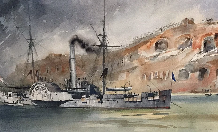 USS PONTOOSUC, Fort Fisher, 1865 - watercolor, 14” x 21” - $5,500