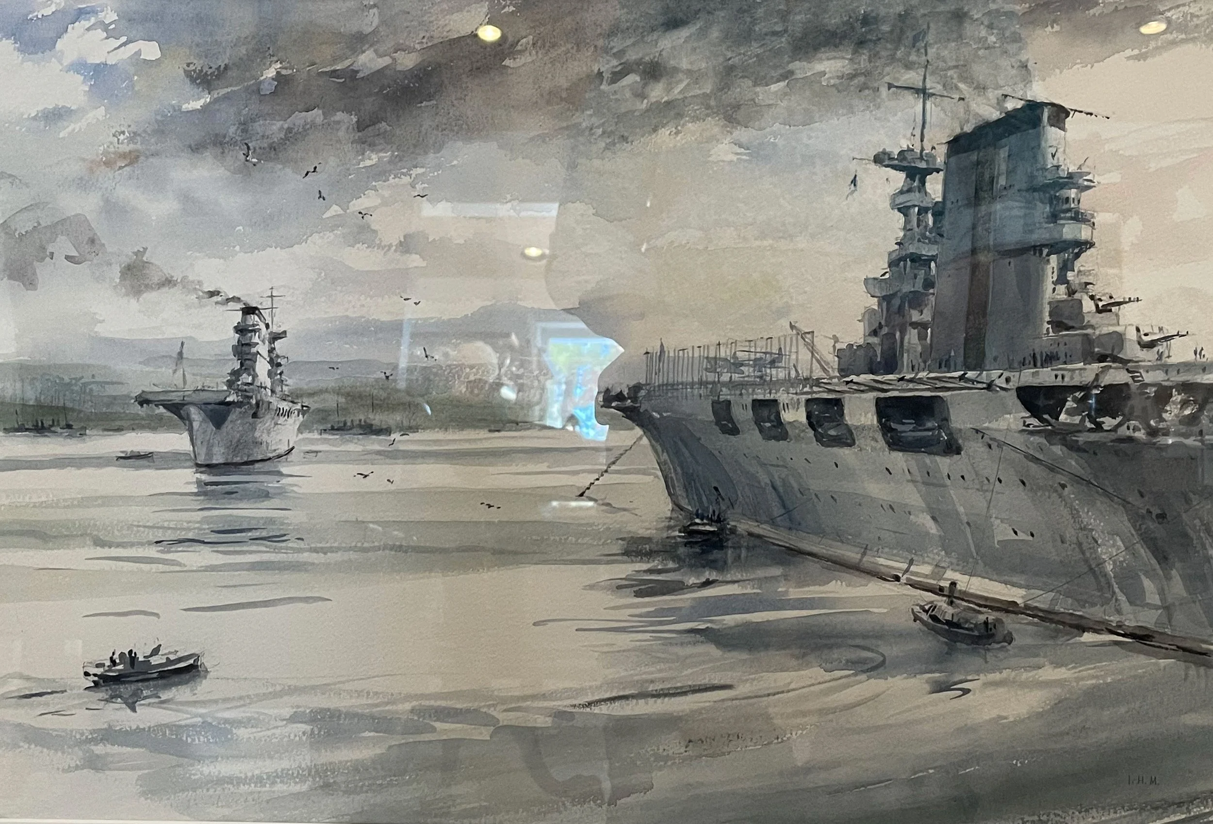 USS LEXINGTON & SARATOGA in Puget Sound, 1936, watercolor, 14" x 21" - $5,500