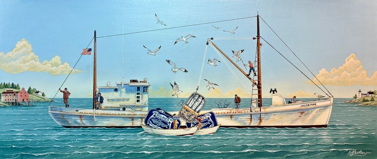 Ed Parker - The Sardine Carrier - acrylic/mixed medium on board, 12" x 24" - $8,500