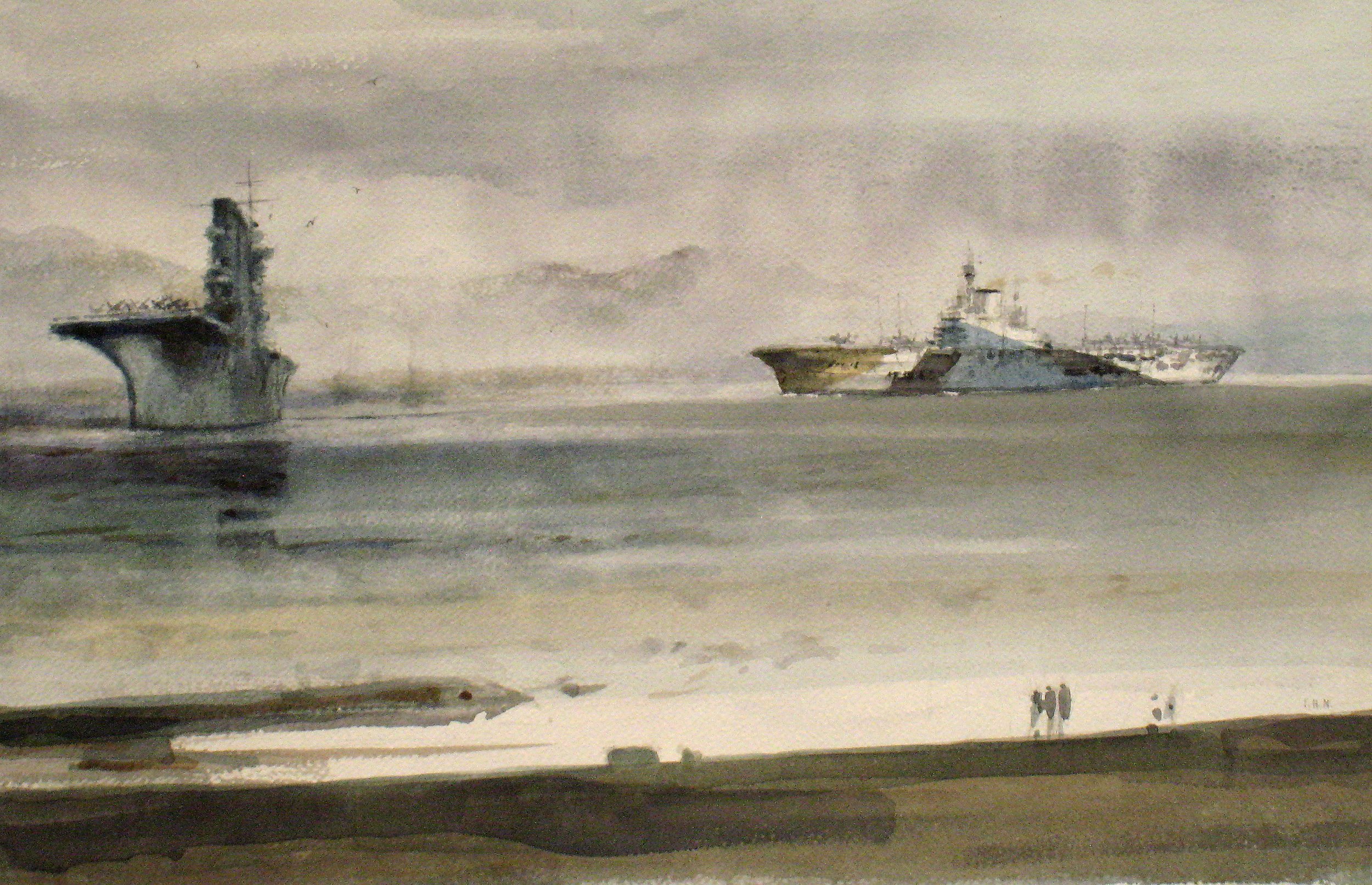 USS SARATOGA CV-3 & HMS VICTORIOUS, Noumea, 1943 - watercolor, 14" x 21" - $5,500