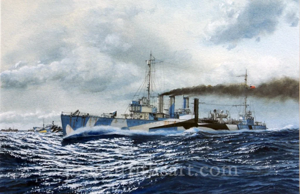 Protecting the Convoy,  USS DENT (DD-116), gouache, 12 1/2 x 19," 21 ½” x 27 ¼” framed  - $5,500