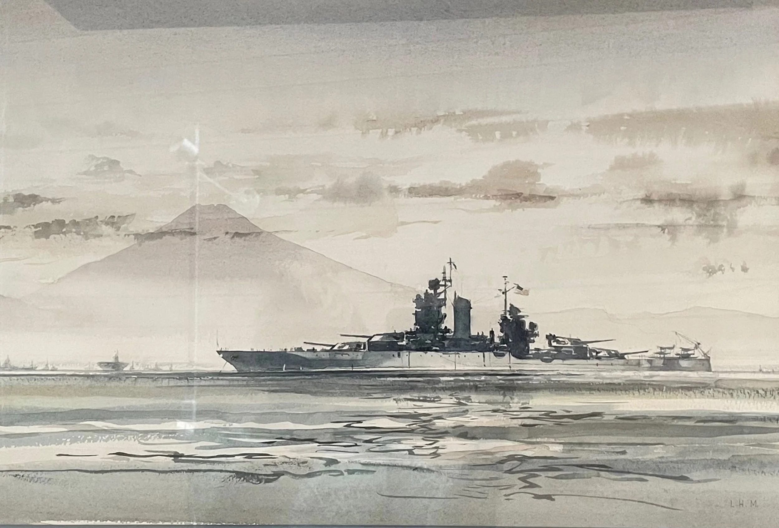 USS MISSISSIPPI, Tokyo Bay, 1945 -  watercolor, 14 x 21" - $5,500