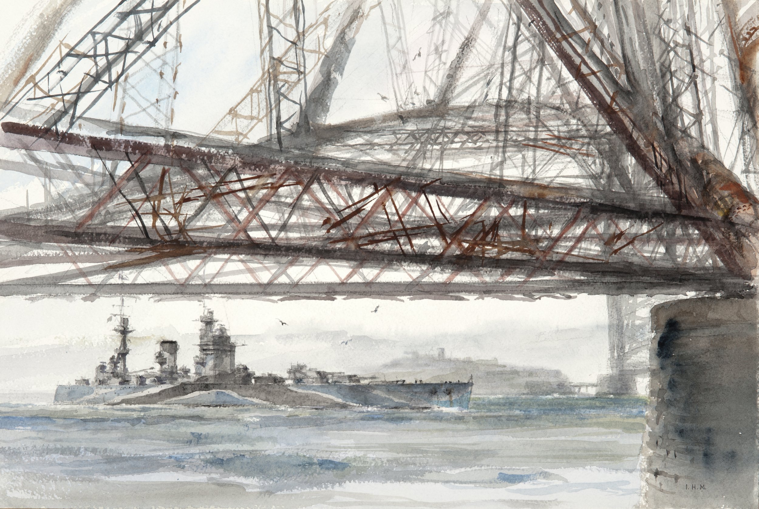 shown on pages 28-29:  HMS RODNEY passing under the Firth of Forth Bridge, 1942-  watercolor, 14” x 21” - SOLD 