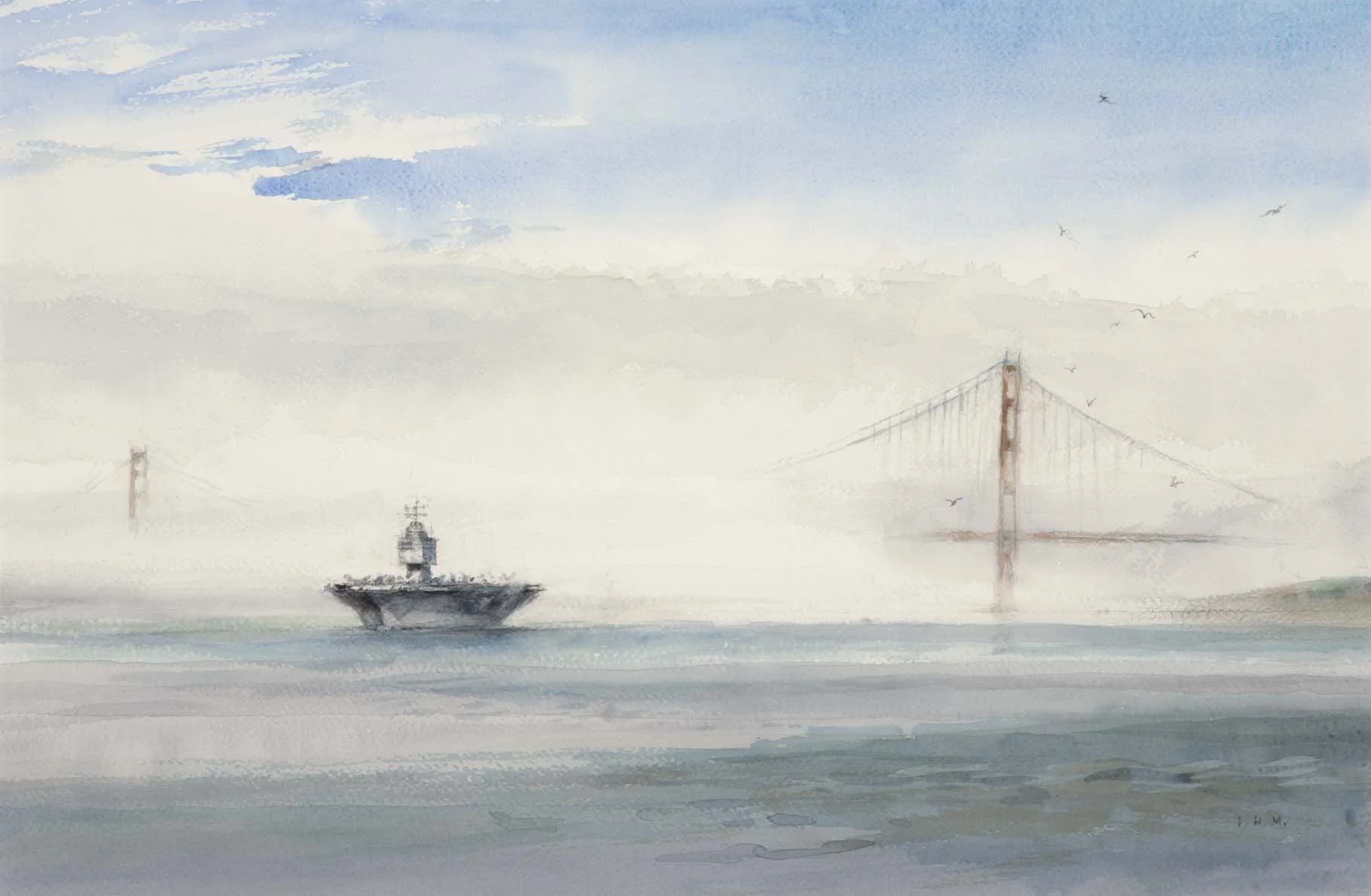 USS ENTERPRISE CVAN-65, Golden Gate, San Francisco, 1975 - watercolor, 14" x 21" - $5,500