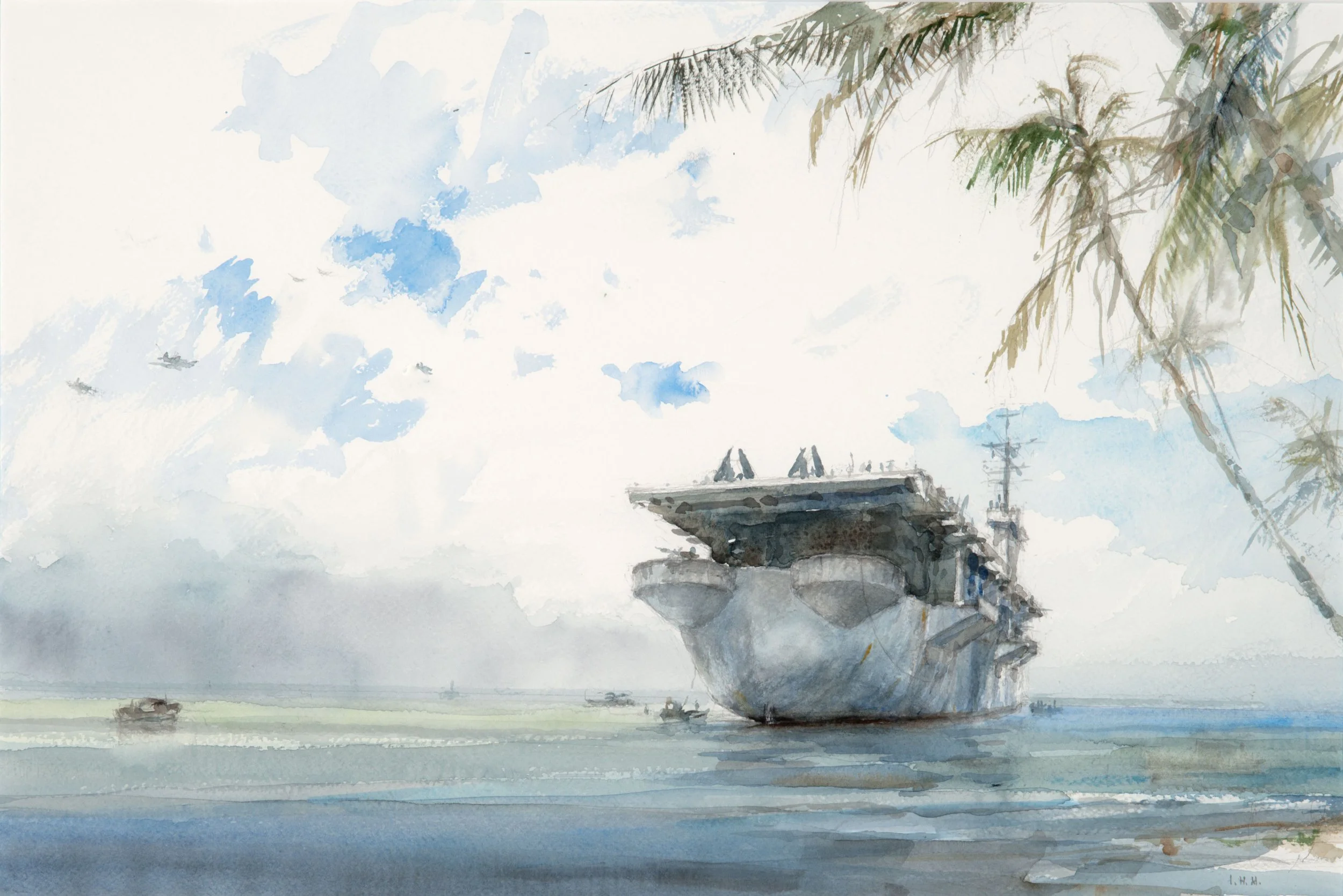 USS HOLLANDIA CVE-97, Ulithi Atoll, April 1945 - watercolor, 14" x 21" - $5,500